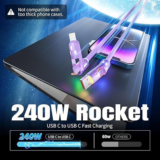 240W USB C Cable,4 in 1 Charging Cable Fast Charging & Data Sync, Multi USB Charging Cable with Breathing Light,Charger Cord for iPhone 16/15 14 13 iPad Samsung Galaxy MacBook iPad Tablets,Purple 5Ft