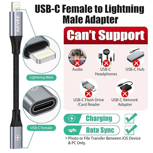 AGVEE 4 Inch USB-C Female to Lightning Male 30W Charging Adapter