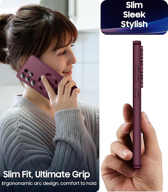 Magnetic for Samsung Galaxy S25 Ultra Case [Compatible with MagSafe][Built-in Camera Lens Protector] Slim Soft Silicone Bumper Shockproof Metallic Luster Phone Shell (Burgundy)