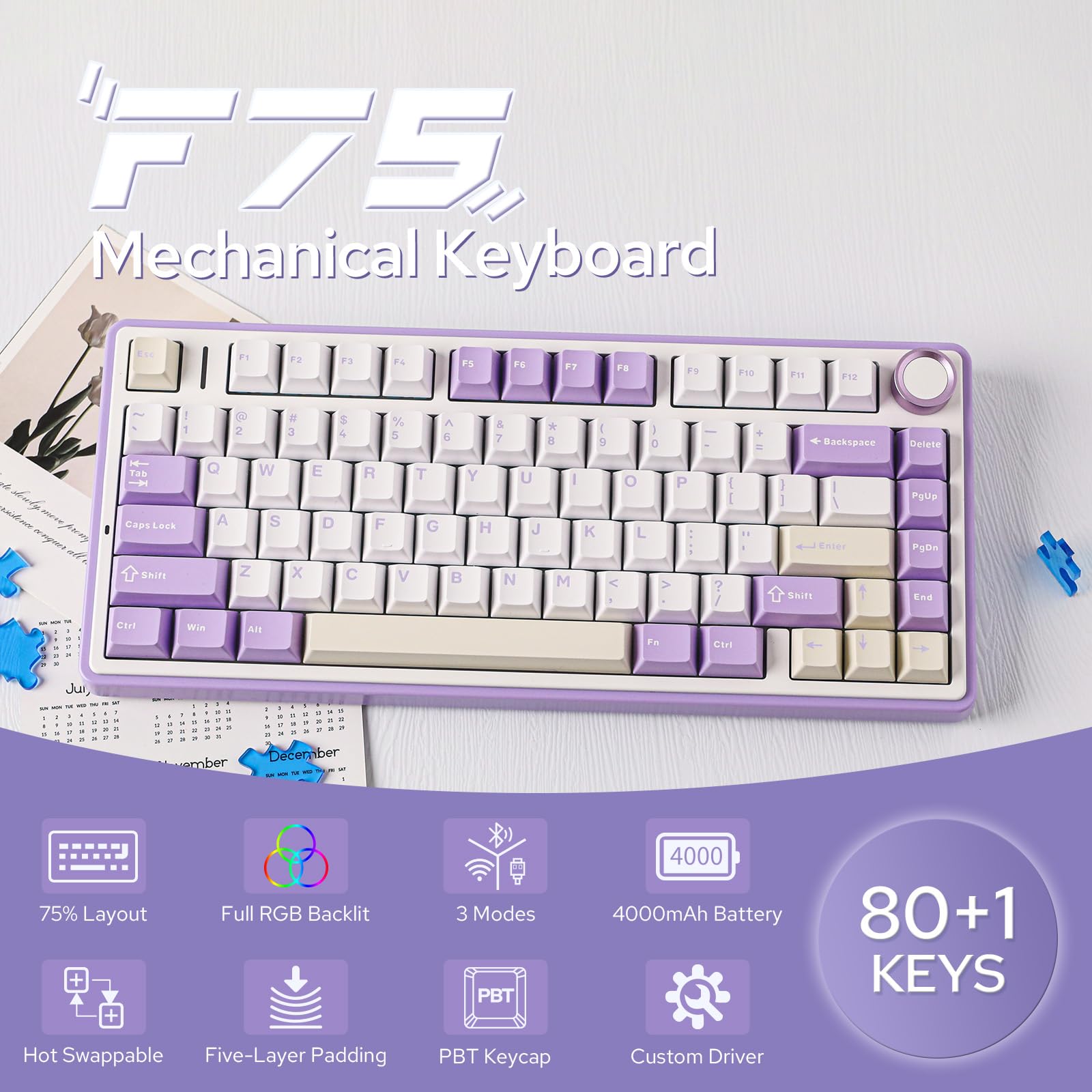 EPOMAKER x Aula F75 Gasket Mechanical Keyboard, 75% Wireless Hot Swappable Gaming Keyboard with Five-Layer Padding&Knob, BT/2.4GHz/USB-C, RGB (Purple, LEOBOG Reaper Switch)