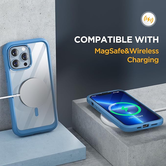 Miracase Magnetic Glass for iPhone 13 Pro Case,Compatible with MagSafe,Full-Body Protection Bumper with Shockproof Military-Grade,Built-in 9H Tempered Glass Screen Protector,Capri Blue