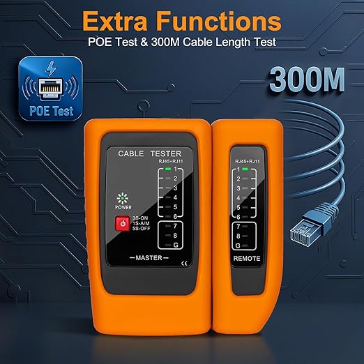 Network Cable Tester and Ethernet Tester with POE Detection, 300m Remote RJ45 Tester for Cat5/Cat6 Cable, Automatically Checks Continuity, Open, Short, Crossover (Battery Not Included)