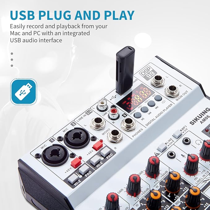6 Channel Audio Mixer Professional Sound Board Console w/99 DSP Effects 48V Phantom Power Bluetooth USB Interface Stereo DJ Mixer Board for Karaoke Live Performance DJ Stage
