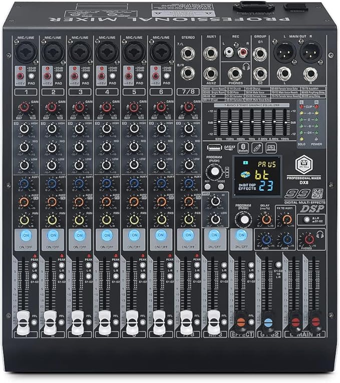 W IN-MIX DX8 Professional DJ Audio Mixer 8 Channel with 99 DSP Effects,7-band EQ,Independent 48V Phantom Power&Mute Button,Bluetooth Function,USB Interface Recording For Studio