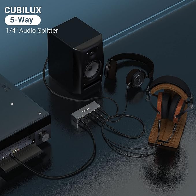 Cubilux 5-Way Quarter Inch Signal Splitter, Passive 1/4” Audio Splitter, 6.35mm Multiport Aux Splitter Box for Instruments, Bass Guitar, Keyboard, Headphones, Studio Monitor, Speaker, Amplifier
