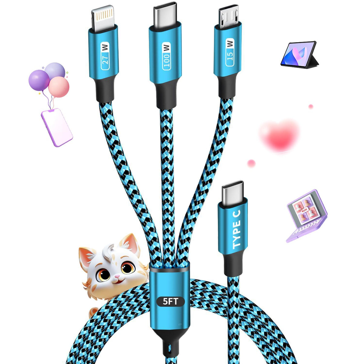 3 in 1 Multi Charging Cable, USB Cable Universal Charger, 2Pack 4FT