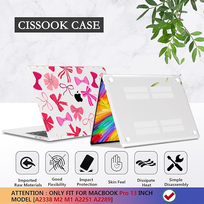 CISSOOK Compatible with MacBook Pro 13 inch 2025-2016 Release M2 M1 Chip A2338 A2251 A2289 A2159 A1989 A1706 Model, Plastic Hard Shell Case with Keyboard Cover&Screen Protector, Pink Bows