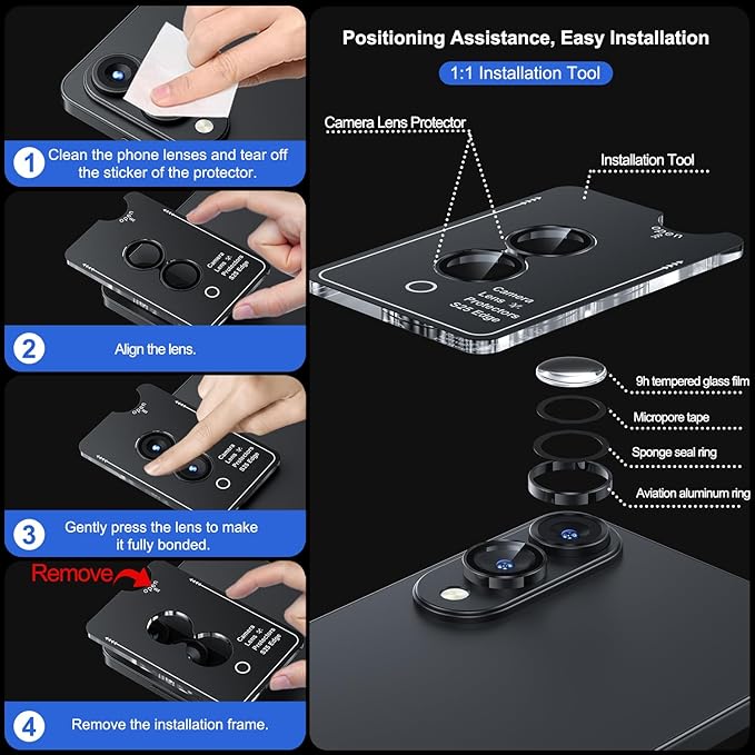 WSKEN for Samsung Galaxy S25 Edge Camera Lens Protector - Edge Thin Case Friendly, 9H Shatterproof Tempered Glass with Aluminum Metal Circle Camera Screen Protector Cover Accessories, Black