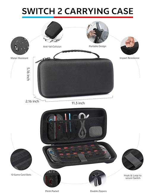 Switch 2 Accessories Bundle for Nintendo, 16-in-1 Game Kit: Carrying Case, Screen Protectors with Alignment Frame, Steering Wheels, Grips for Joycon Controller, Dockable Console Protective Cover Shell
