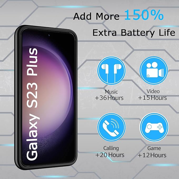 Battery Case for Galaxy S23 Plus, [12000mAh] Slim Portable Protective Fast Charging Case Backup Power Bank Battery Case Compatible with Galaxy S23 Plus-6.6 inch-Black