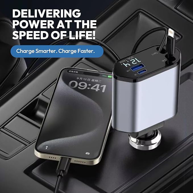 120W Retractable Car Charger 4-in-1 USB-C & Lightning Cable – Fast Charging Adapter for iPhone 16/15/14, Samsung, Android | USB Type-C Port + LED Voltage Display | Multi-Device Car Charger