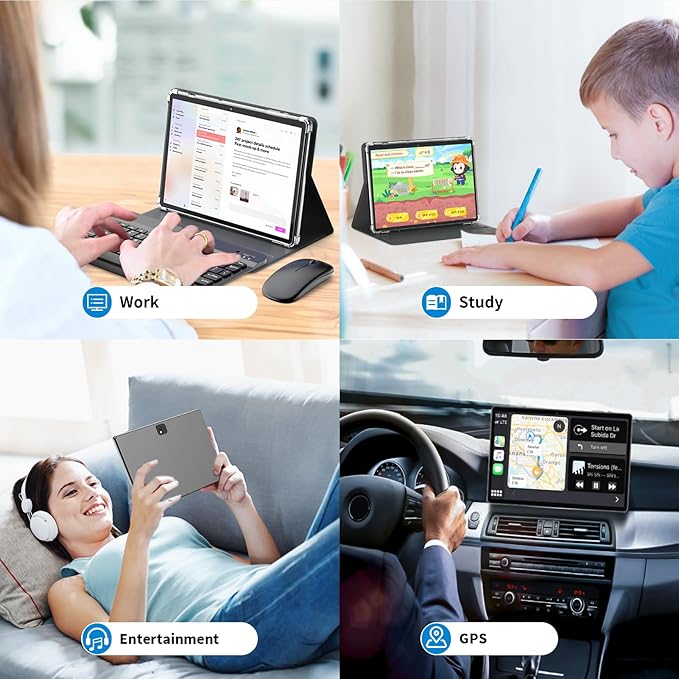 Android Tablet with Keyboard, Android 14 Tablet, 12(6+6) GB+128GB, 1TB Expand, 2 in 1, Mouse, Stylus, 8000mAh Battery, 2.4G/5G WiFi, GPS, Silver Case