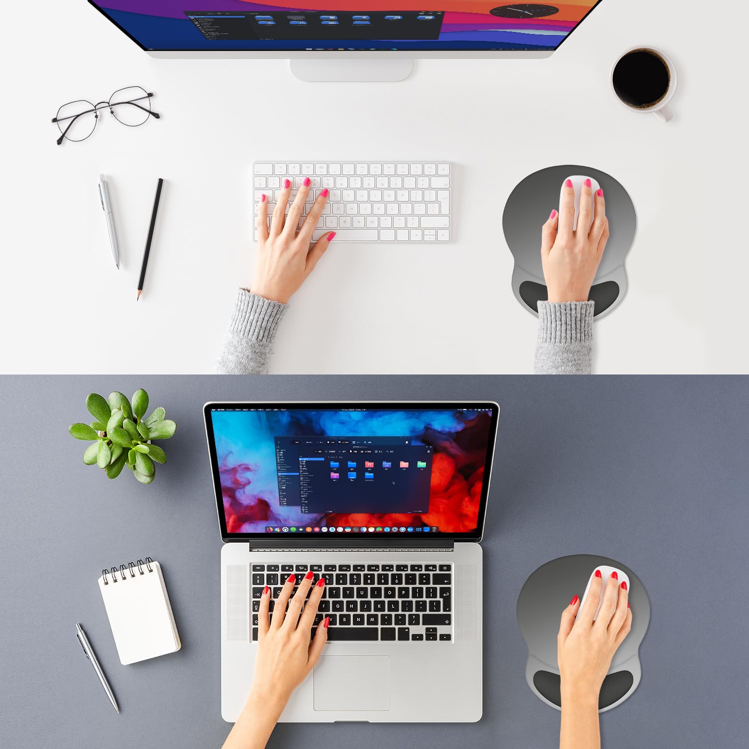 ITNRSIIET Ergonomic Mouse Pad with Comfort Gel Wrist Rest, Non-Slip PU Base, Smooth Textured Surface, Reduces Hand Fatigue & Wrist Pain, 8.7 x 7.2 Inch for Office Gaming Home, Gray Gradient