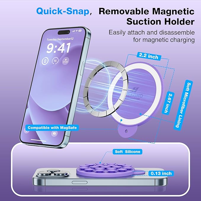 Magnetic Suction Cup Phone Mount for MagSafe Case, Silicone Hands-Free Grip Holder for iPhone and Android, Mirror Shower Phone Stand for Makeup FaceTime Gym Kitchen Bathroom, Bright Purple