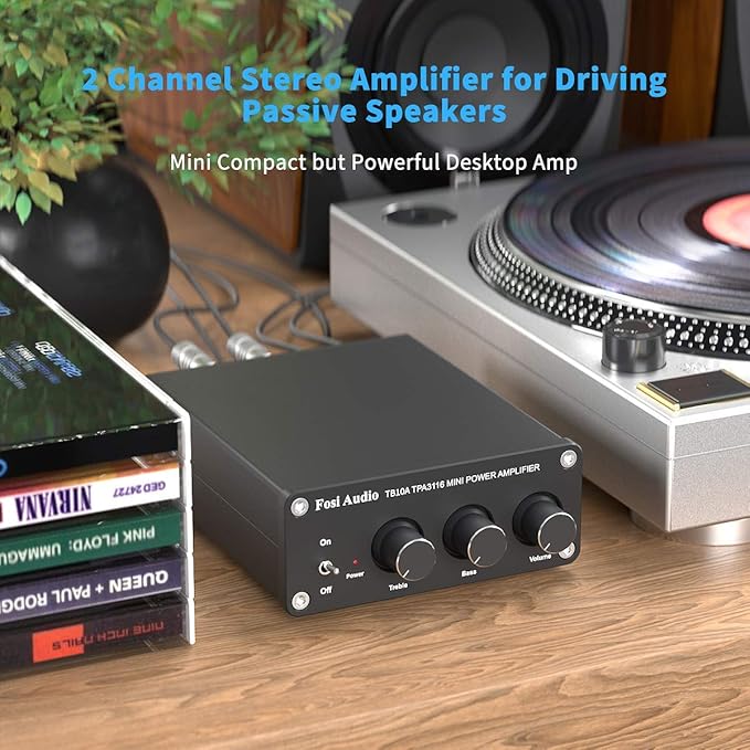 Fosi Audio TB10A 2 Channel Stereo Audio Amplifier Receiver Mini Hi-Fi Class D Integrated Amp 2.0CH for Home Speakers 100W x 2 with Bass and Treble Control TPA3116(with Power Supply)