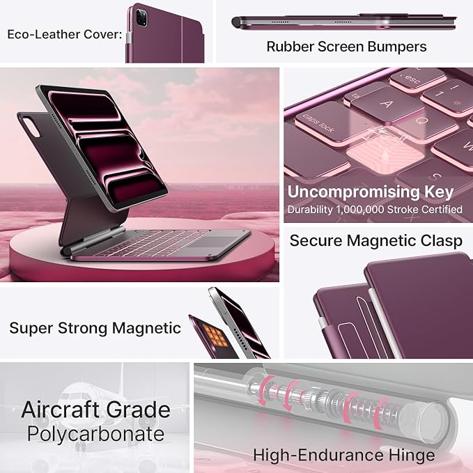 typecase Keyboard Case for iPad Pro 11-inch (M4) 2024,Magic Keyboard with 11 Colors Backlight for iPad Pro 11,Keyboard Case with Pencil Holder,Multi-Touch Trackpad,Easy-Set Magnetic Stand,Raspberry