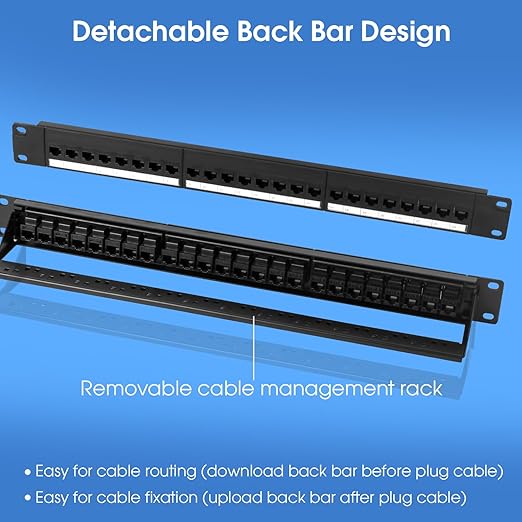 24 Port Keystone Patch Panel, 1U 19-inch RJ45 Network Patch Panel with Back Bar, Loaded with 24 Cat6 Couplers (Black)