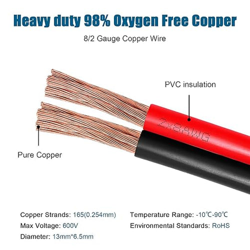 8 Gauge Wire 2 Conductors Copper Wire, 8 AWG Battery Cable Oxygen Free Copper Wire for Solar Panel, Automotive, Trailer, RV and Speaker (8 Gauge 5FT)