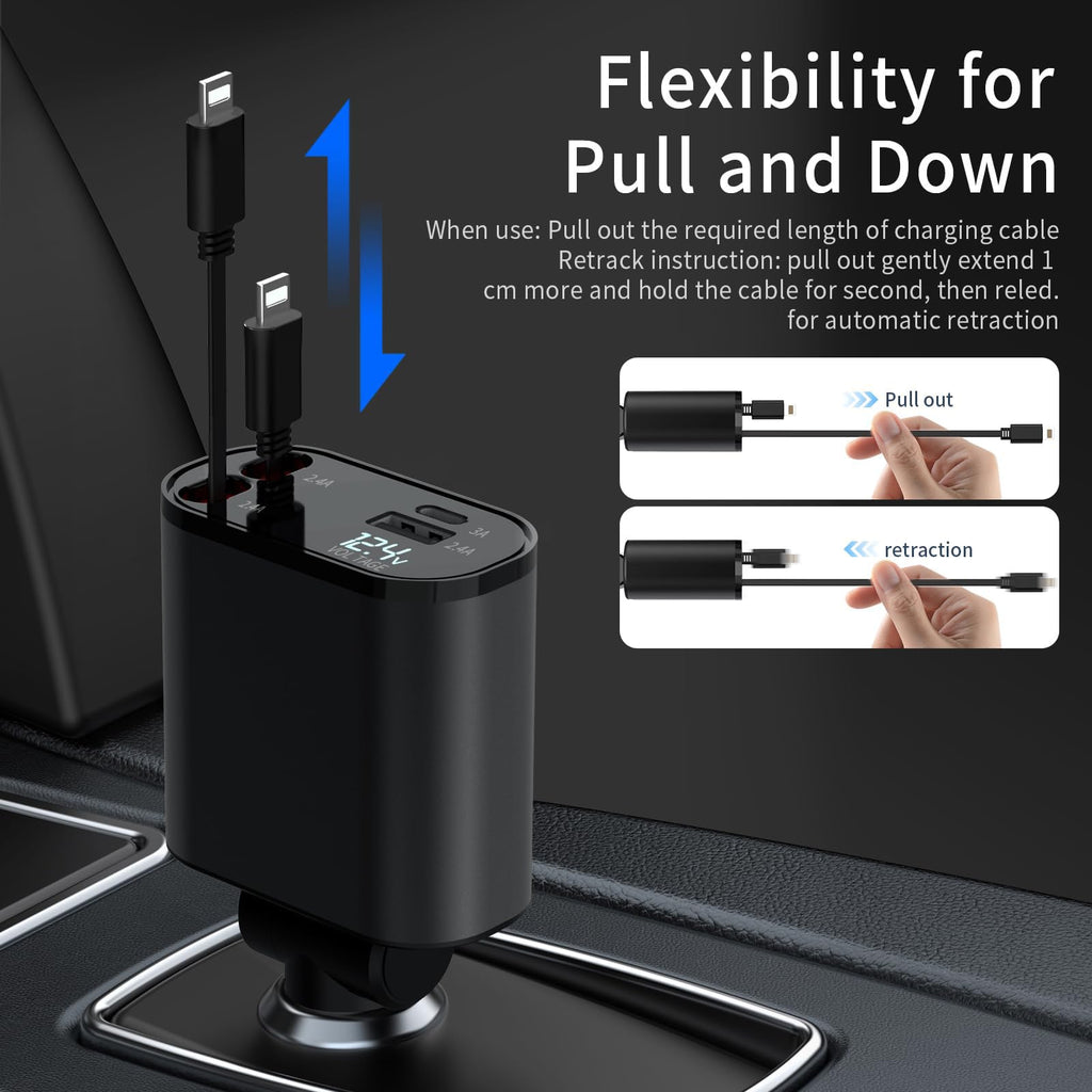 60W Fast Charging Car Charger for iPhone, 4-in-1 Retractable Phone Charger, Travel Essentials, Gifts for Women Men, Car Accessories for Women Men, for iPhone 14 13