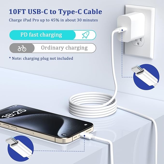 Long USB C Cable 10ft Fast Charging,3Pack 60W Type C to C 10 ft Charger Cord for Apple for iPhone 16/15/15 Pro/Plus/Pro Max,for MacBook Pro/Air,for IPad Air 4/5/Mini 6/Pro Charge 10 feet