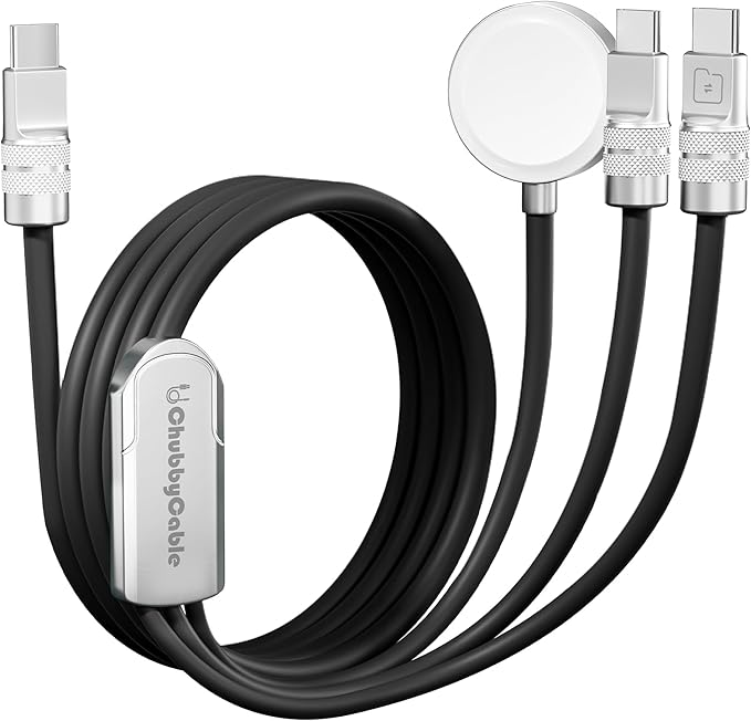 chubbycable Tri-Flex 3 in 1 USB C Cable for Apple Watch Charger Silicone 100W Multi Charging Cable Fast Charge Compatible with iPhone 16/15 Series iWatch iPad Airpods MacBook, 4.1FT, Black