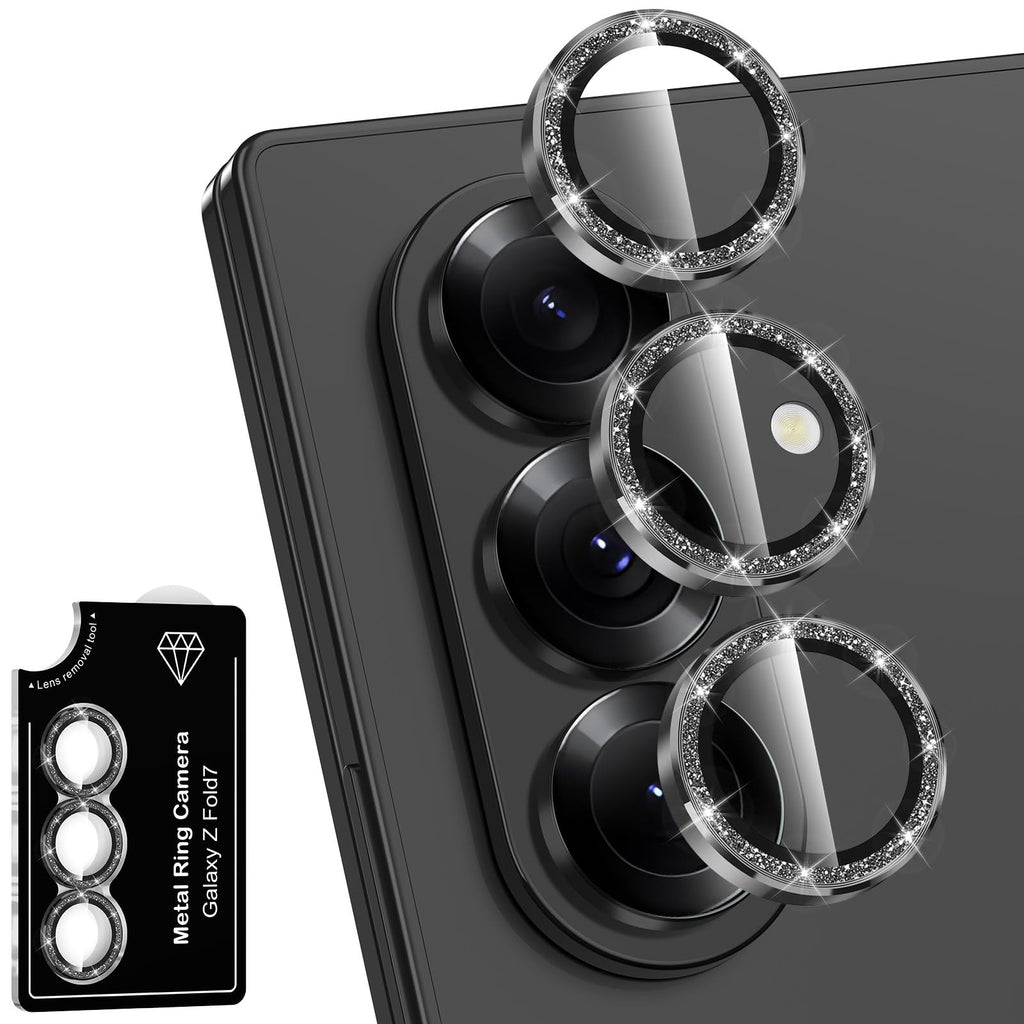 Avocase for Samsung Galaxy Z Fold 7 Camera Lens Protector, Individual Metal Ring Tempered Glass Lens Cover, [Strong Adsorption] Scratch Resistant Ultra-Thin HD Clear Lens Cover, 1 Set-Black Sparkly