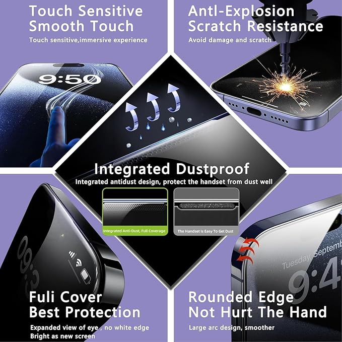 Matte Screen Protector for iPhone 17, iPhone 16 Pro 6.3-Inch, Auto Dust Removal, 9H Tempered Glass, Full Cover, Anti-Fingerprint, Easy Installation, 2 Pack
