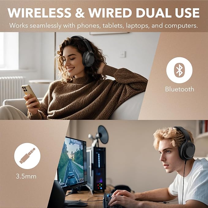YMOO Bluetooth 5.3 Hybrid Active Noise Cancelling Headphones for Airplane Travel, Wired and Wireless ANC Headphones, 80H Playtime Over Ear Headphone, Low Latency Bluetooth Headset with Mic for Adults