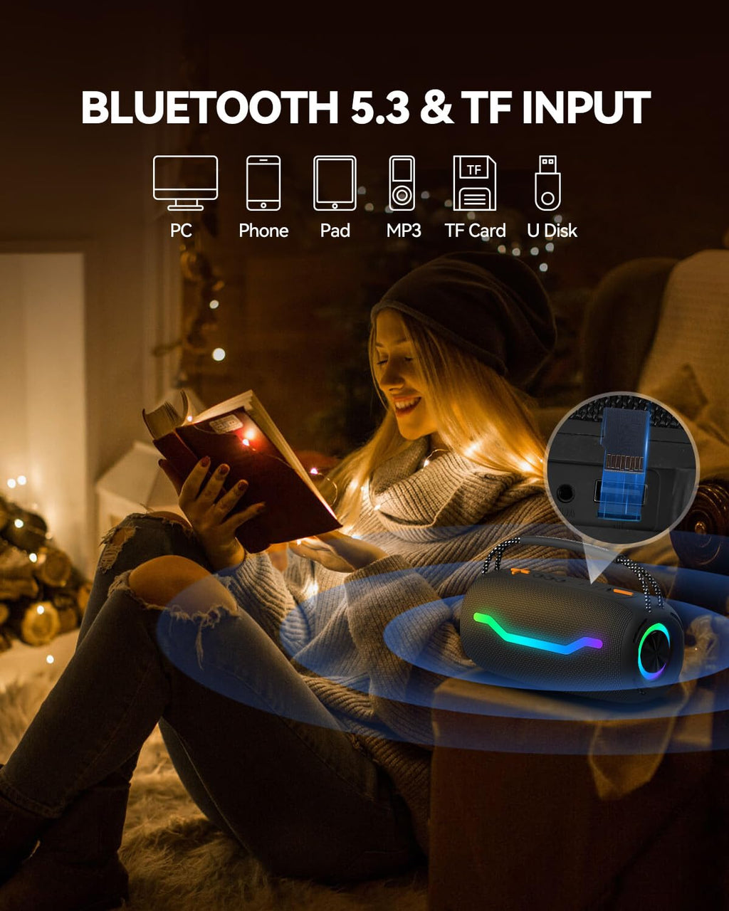 PUREMIC Portable Bluetooth Speaker with Light, Waterproof Karaoke Machine for Adults & Kids, Loud Sound and Deep Bass, Up to 8H Playtime, Support Bluetooth/AUX/USB for Home, Party, Outdoor and Travel