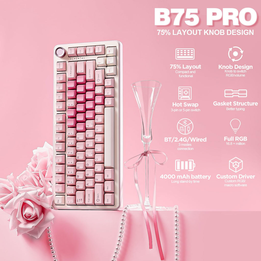 YUNZII B75 PRO 75% Wireless Mechanical Keyboard (Pink, Cocoa Cream V2)