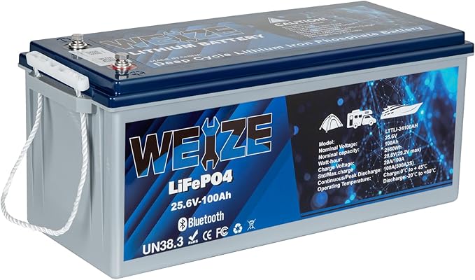 WEIZE 24V 100AH Bluetooth LiFePO4 Lithium Battery, Grade A Cells, 150A BMS, Low-Temp Protection Deep Cycle 500A/3S Peak Discharge Battery for Trolling Motor, Solar System, RV, Camping, Off Grid