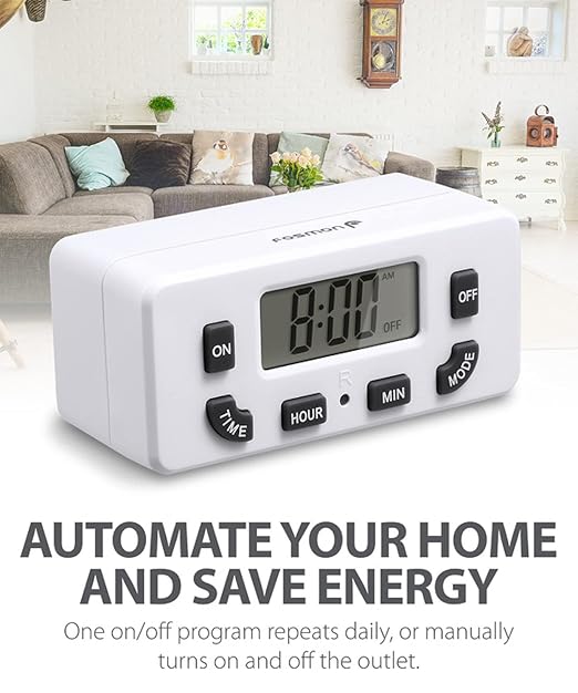 Fosmon Digital Timer for Electrical Outlets, Indoor 24 Hour Light Timer Programmable, Mini Plug in Outlet for Lamps, Fans, Grow Lights, 2 On/Off Programs, 15A/1875W, ETL Listed