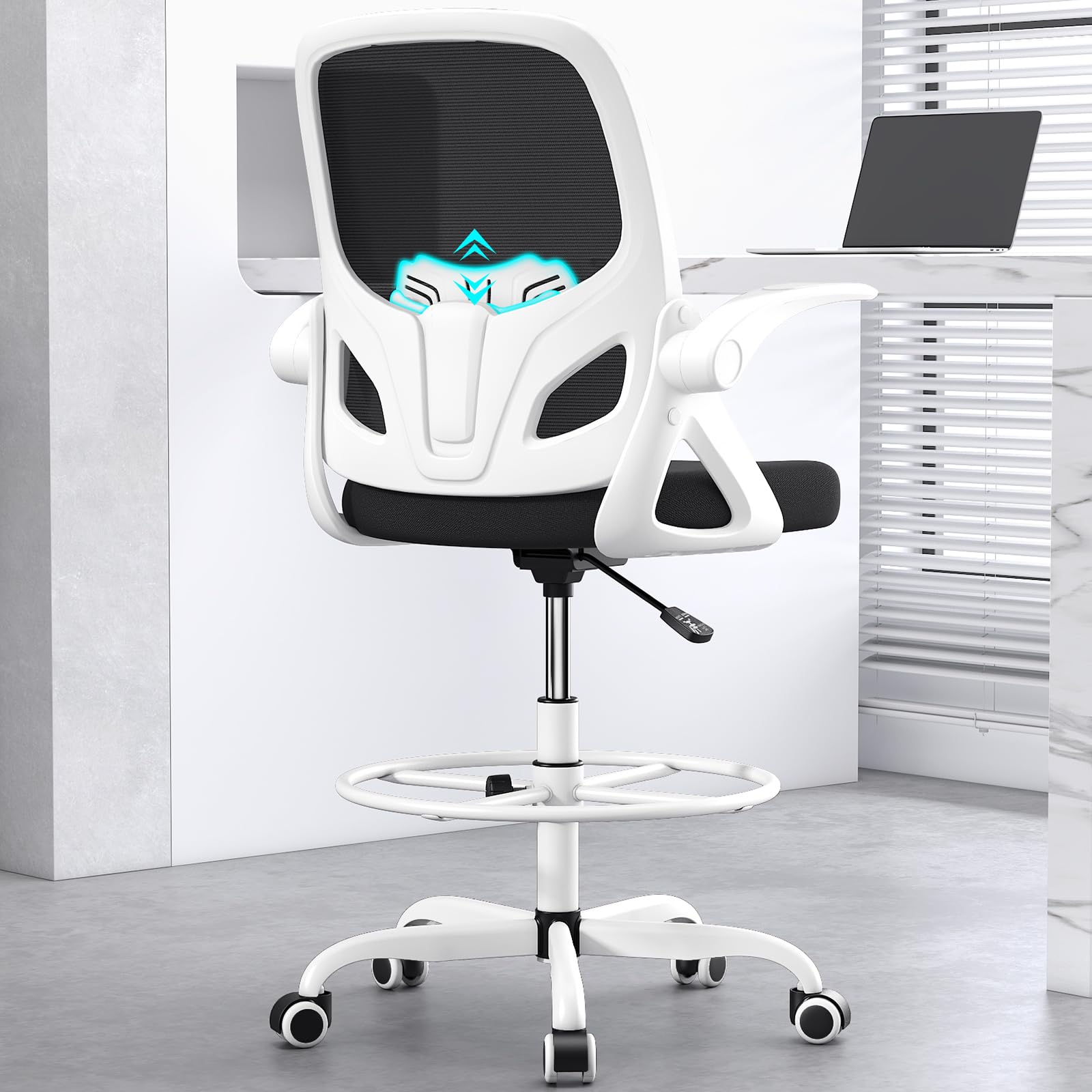 Kensaker Drafting Chair Tall Office Chair, Ergonomic Standing Desk Chair with Adjustable Foot Ring and Flip-up Armrests, Mesh Computer Chair for Art Studio, 300 LBS, White