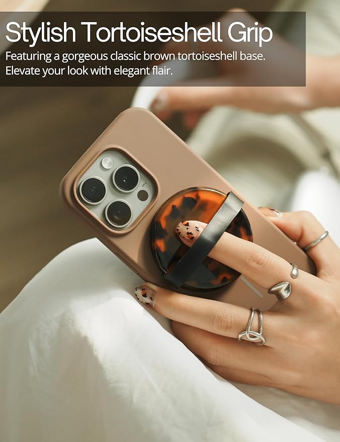 Heesch Magnetic Ring for Phone Case Loopy Brown Phone Grip Strap Holder for Back of Phone Finger Loop Grip for Hand Tortoise Shell Magsafe Grip for iPhone 16 Pro Max/15/14/13/12 Series Mag Safe Case
