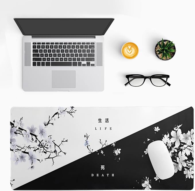 Black and White Japanese Cherry Blossom Gaming Mouse Pad Sakura Death Life Flower Mat 31.5x11.8 Inch Texture Non-Slip Rubber Base Mousepad Stitched Edges Keyboard Desk Pad for Office Home Game