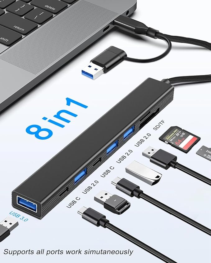 VIENON 8 in 1 USB C Hub With SD Card Reader, USB 3.0/2.0 Ports, USB-C Adapter for Laptop, MacBook, iPad Pro, iMac - Aluminum