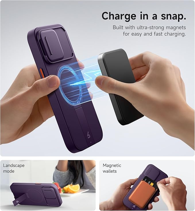 SURITCH for iPhone 15 Pro Case with Magnetic Camera Slide Cover and Adjustable Kickstand, Compatible with MagSafe, Shockproof Bumper Case Slim Protective Cover 6.1 Inch, Dark Purple