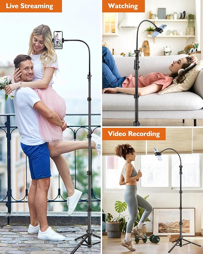 Phone Tripod, 85" Tall Tripod for iPhone with Gooseneck and Remote, Overhead Phone Stand for Recording Watching Cooking Fitness Vlog, Compatible with iPhone Android, Black