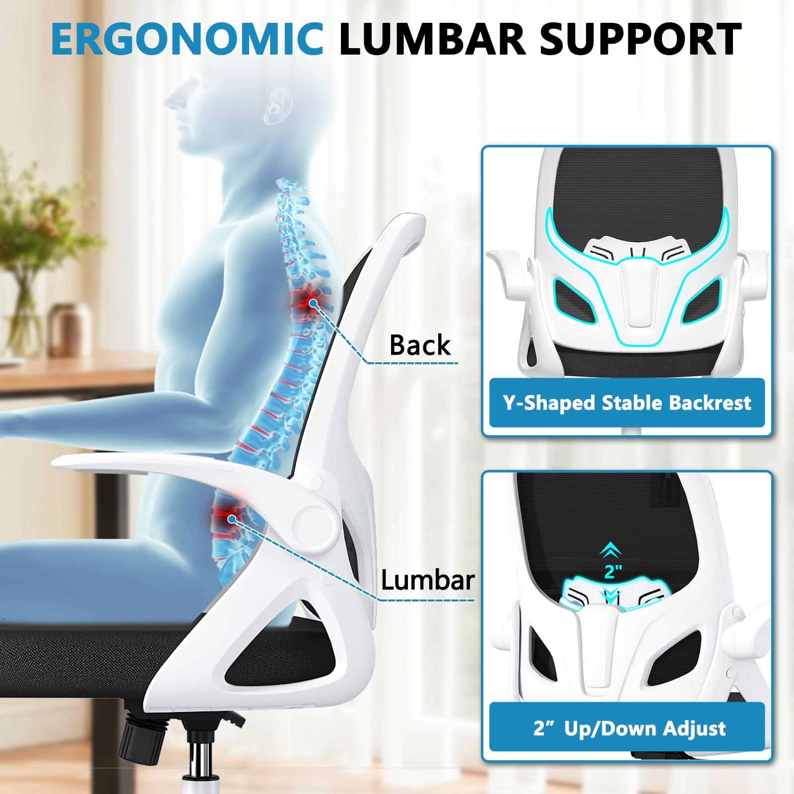 Kensaker Drafting Chair Tall Office Chair, Ergonomic Standing Desk Chair with Adjustable Foot Ring and Flip-up Armrests, Mesh Computer Chair for Art Studio, 300 LBS, White