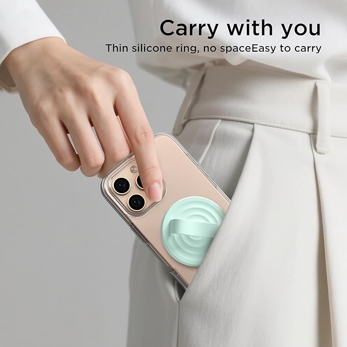 Magnetic Phone Ring Grip Holder, Silicone Finger Loop Grip, Compatible with MasSafe, Back of Phone for iPhone Pro Max/Plus/16/15/15/14/13/12 Series, Mint Green