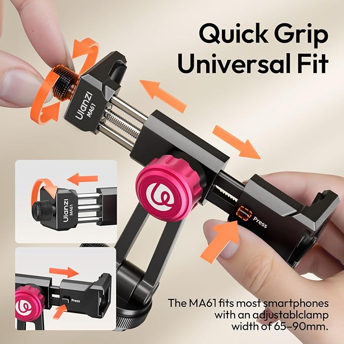ULANZI MA61 Metal Phone Tripod Mount with Cold Shoe, 360° Adjustable Hot Shoe Camera Phone Mount for iPhone 16 15 14 Pro Max, Samsung Galaxy, Aluminum Alloy Clamp for Vlogging, Live Streaming, Video