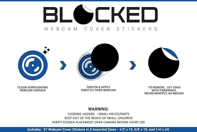BLOCKED Stackable Webcam/Camera Vinyl Covers | 57 Low-Tack Restickable Webcam Sticker | 3-Sizes | Black 57-Pack (Muted Matte)