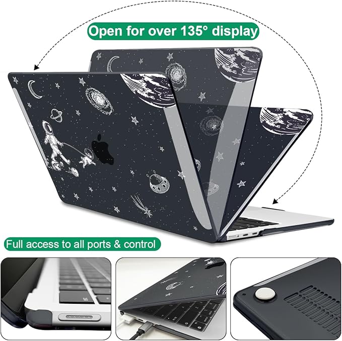 for MacBook Air 13.6 inch Case 2025 2024 2023 2022 Release M4 A3240 M3 A3113 M2 A2681, Black Printed Plastic Hard Shell Case Cover for Mac Air 13.6 M4 Chip Touch ID, Astronauts Space Dog