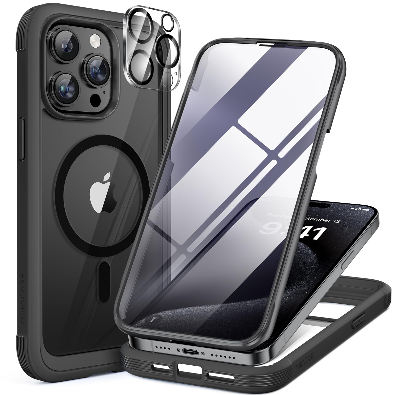 Miracase Magnetic for iPhone 12 Pro Max Case [Compatible with MagSafe] Full-Body Phone case with Built-in Glass Screen Protector& Camera Protector, Military Drop Proof 12 Pro Max Cover, Black