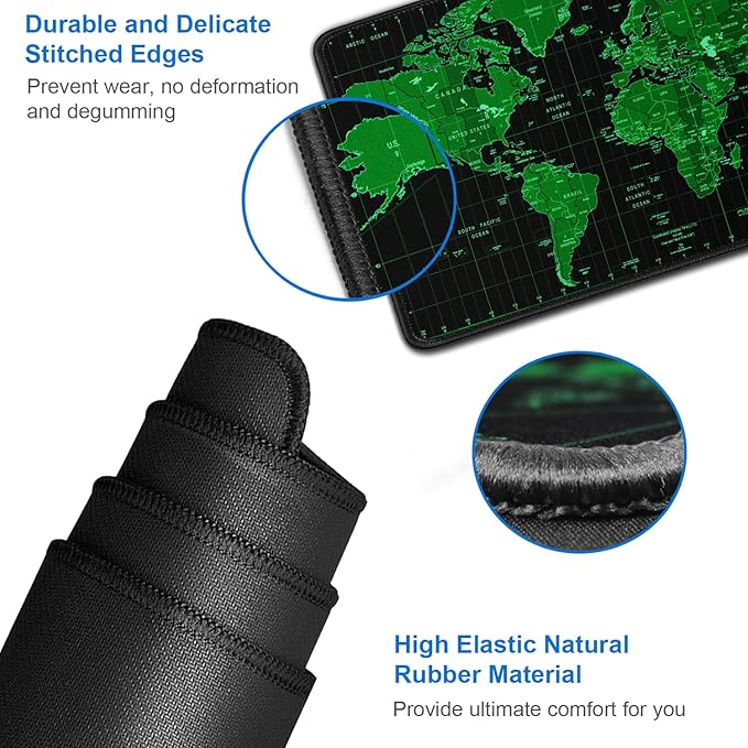 Large Gaming Mouse Pad, 31.5x15.7 inch Large Extended Computer Keyboard Mouse Mat, Water Resist Non-Slip Mousepad Rubber Base Long XXL Desk Mouse Pad for Work & Gaming, Office & Home, Green Map