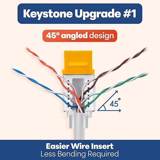 Everest 45° Angled RJ45 Cat6A Keystone Jacks 50-Pack in Yellow - Slim Profile Female RJ45 Connectors - Cat 6A Keystone Jack - Compatible with 45° Angled Speed Termination Tool - 45Term (B0BL3GS7ZY)