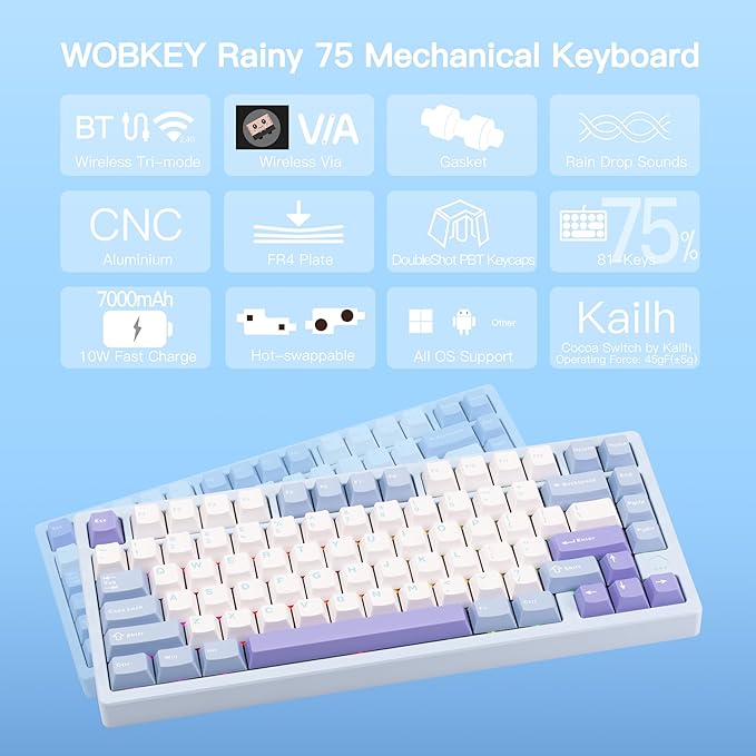 KEEBMONKEY WOBKEY Rainy 75 CNC Aluminum HMX/JWK/Cocoa Switches Triple-Mode Connectivity Mechanical Keyboard with Superior Acoustics, RGB/FR4/Silver SUS304/7000mAh/Cocoa Switch (Pro - Blue)