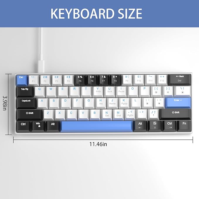 60% Mechanical Gaming Keyboard,Mixed Color Keycaps Gaming Keyboard with Brown Switches, Detachable Type-C Cable Mini Keyboard with Blue LED Light for PC/Laptop