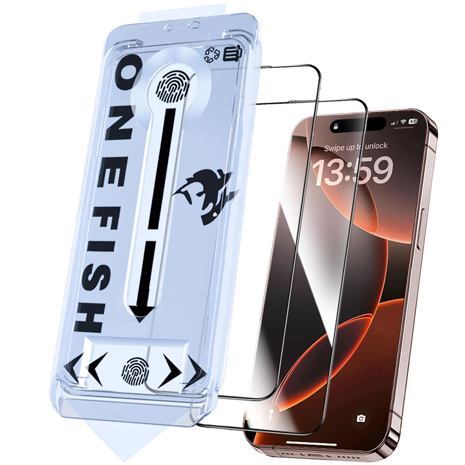 OneFish Glass Screen Protector for iphone 15 Pro, 9H Hardness Glass Scratch Resistant, HD Clarity Tempered Film with Installation Frame, Bubble Free, Easy Installation, 2Pack.