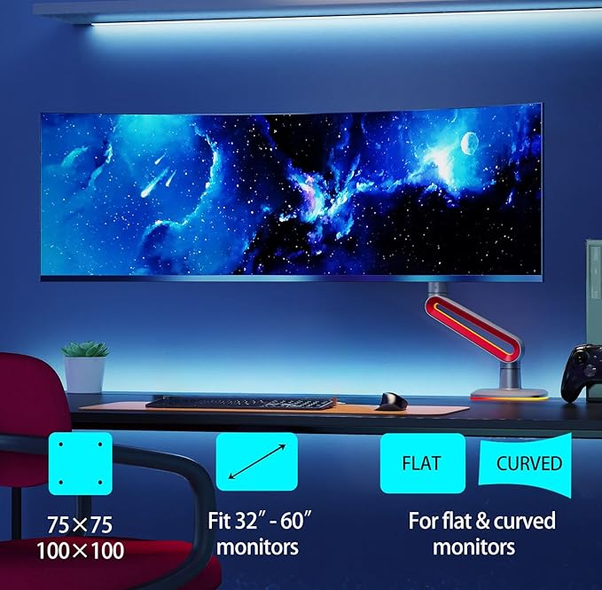 RGB Gaming Monitor-arm for Flat/Ultrawide/Curved Monitors 32 to 60 inch, Heavy Duty Stand Load up to 20 kg, VESA 75/100 mm Monitor-Mount L60